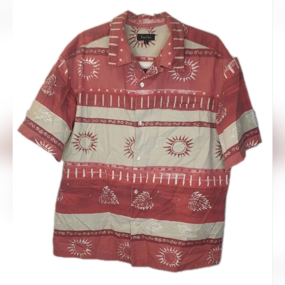 True Grit Hawaiian Shirt Men Large Vintage USA Loop Collar SOL Stripe Red Beachy